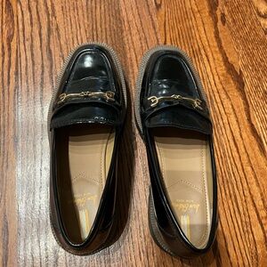 Sam Edelman Black Patent Loafers with Gold Logo Accent